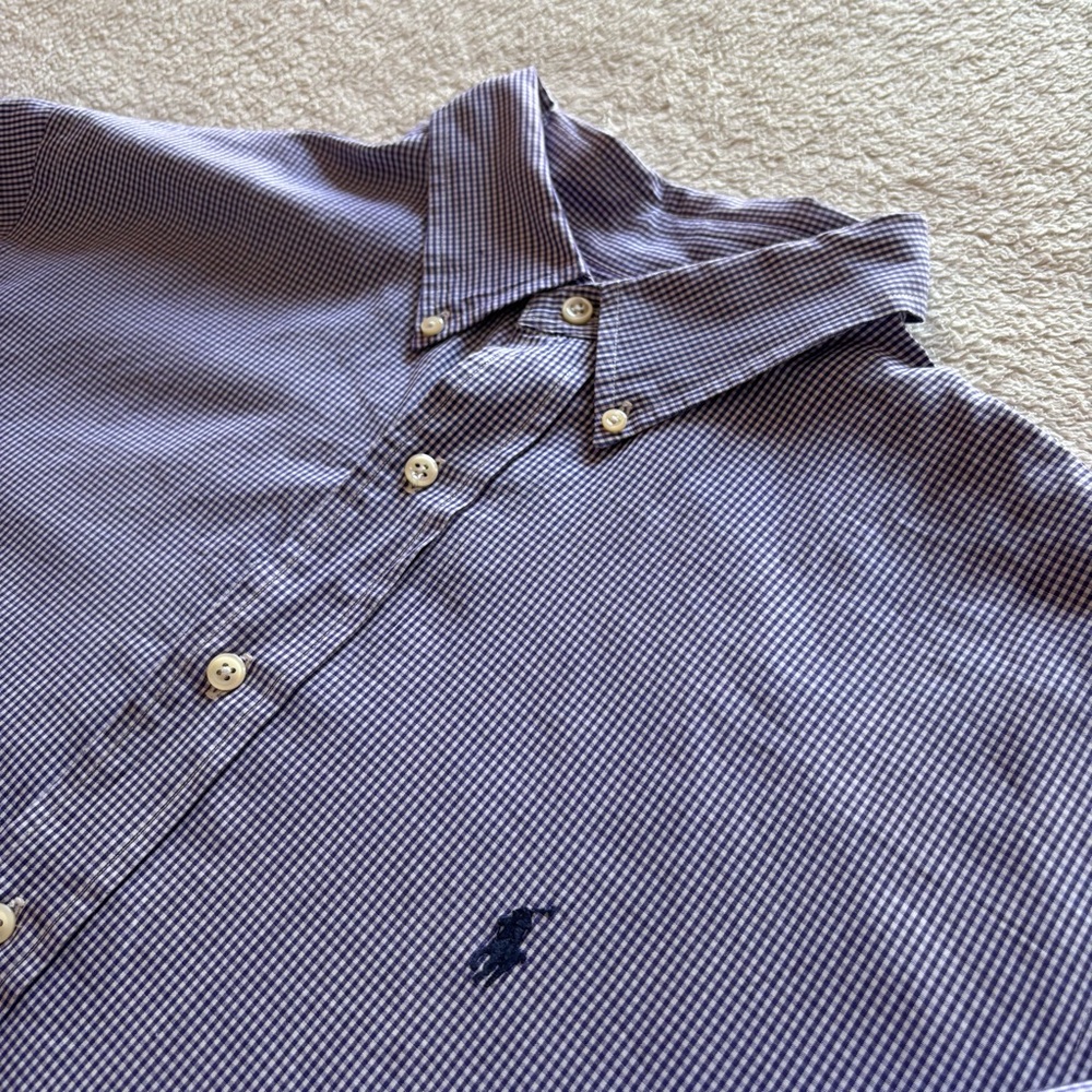 Ralph Lauren men shirt 18 36/37 button down blue gingham long sleeve 100% cotton
